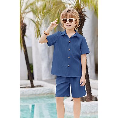 Arshiner Boys Textured Button Up Shirt And Shorts Set Summer Beach Outfit