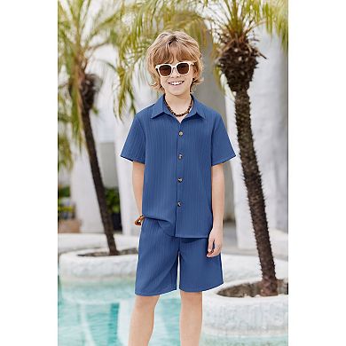 Arshiner Boys Textured Button Up Shirt And Shorts Set Summer Beach Outfit