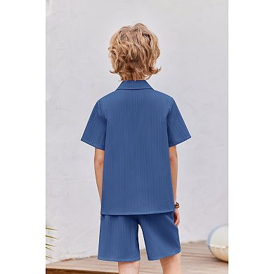 Arshiner Boys Textured Button Up Shirt And Shorts Set Summer Beach Outfit