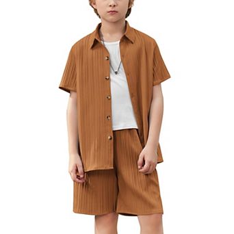 Arshiner Boys Textured Button Up Shirt And Shorts Set Summer Beach Outfit