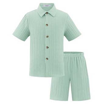 Arshiner Boys Textured Button Up Shirt And Shorts Set Summer Beach Outfit