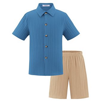Arshiner Boys Textured Button Up Shirt And Shorts Set Summer Beach Outfit