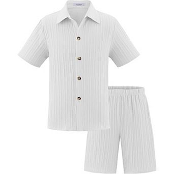 Arshiner Boys Textured Button Up Shirt And Shorts Set Summer Beach Outfit