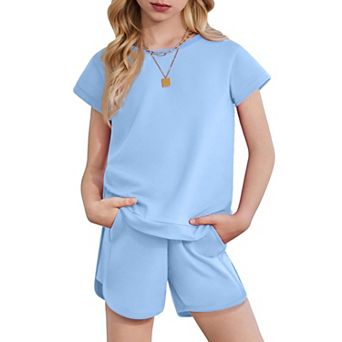 Arshiner Girls Short Sets Piece Summer Outfits Block Short Sleeve Shirts And Casual Shorts Set