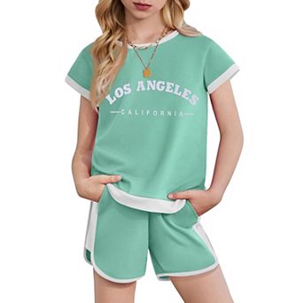 Arshiner Girls Short Sets Piece Summer Outfits Block Short Sleeve Shirts And Casual Shorts Set