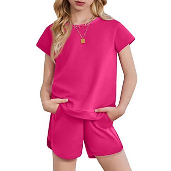 Arshiner Girls Short Sets Piece Summer Outfits Block Short Sleeve Shirts And Casual Shorts Set