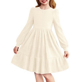 Arshiner Girls Pocket Dress Lantern Sleeve Knee Length Knit Cute