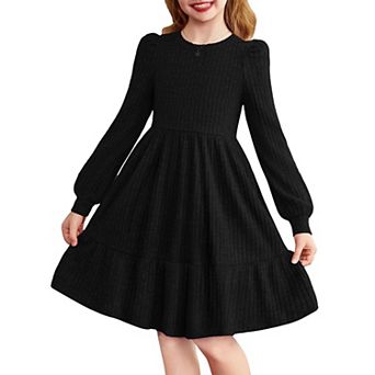 Arshiner Girls Pocket Dress Lantern Sleeve Knee Length Knit Cute
