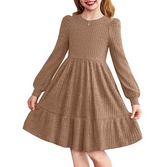 Arshiner Girls Pocket Dress Lantern Sleeve Knee Length Knit Cute