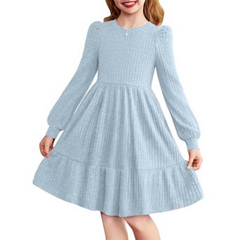 Arshiner Girls Pocket Dress Lantern Sleeve Knee Length Knit Cute