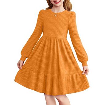 Arshiner Girls Pocket Dress Lantern Sleeve Knee Length Knit Cute