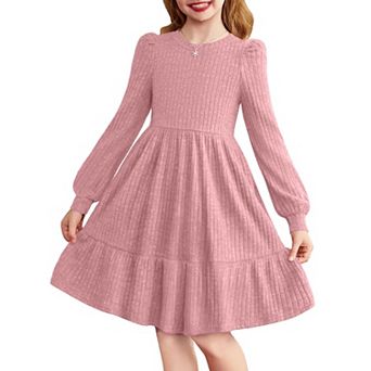 Arshiner Girls Pocket Dress Lantern Sleeve Knee Length Knit Cute