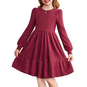 Arshiner Girls Pocket Dress Lantern Sleeve Knee Length Knit Cute