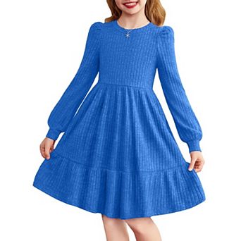 Arshiner Girls Pocket Dress Lantern Sleeve Knee Length Knit Cute