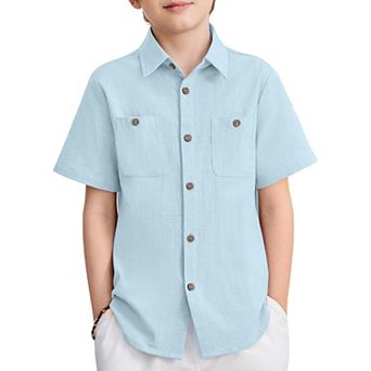 Arshiner Boys Short Sleeve Button Down Shirt Cotton Woven Casual Shirts With Pockets For Kids
