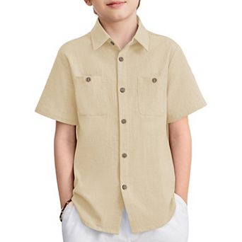 Arshiner Boys Short Sleeve Button Down Shirt Cotton Woven Casual Shirts With Pockets For Kids
