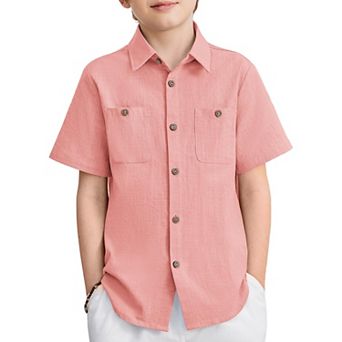 Arshiner Boys Short Sleeve Button Down Shirt Cotton Woven Casual Shirts With Pockets For Kids