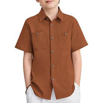 Arshiner Boys Short Sleeve Button Down Shirt Cotton Woven Casual Shirts With Pockets For Kids