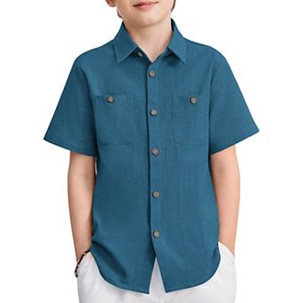 Arshiner Boys Short Sleeve Button Down Shirt Cotton Woven Casual Shirts With Pockets For Kids