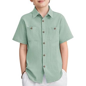 Arshiner Boys Short Sleeve Button Down Shirt Cotton Woven Casual Shirts With Pockets For Kids
