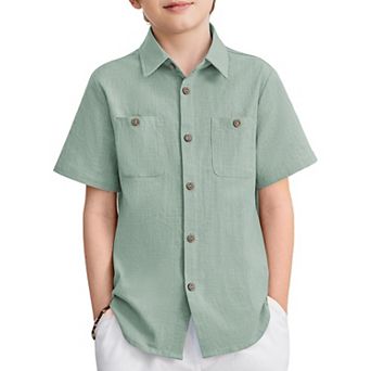 Arshiner Boys Short Sleeve Button Down Shirt Cotton Woven Casual Shirts With Pockets For Kids