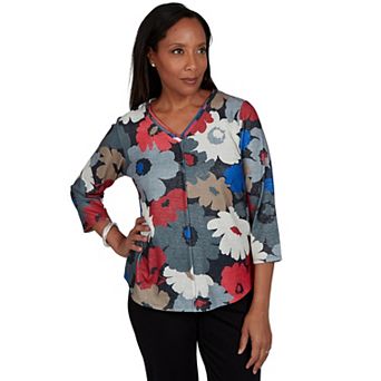 Petite Alfred Dunner Retro Floral V-Neck Knit Top