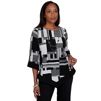 Petite Alfred Dunner Dinner Theater Soft Mono Colorblock Sweater with Necklace