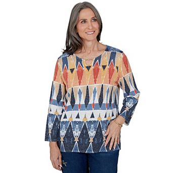 Petite Alfred Dunner Tuscany Diamond Geo Split Neck Top