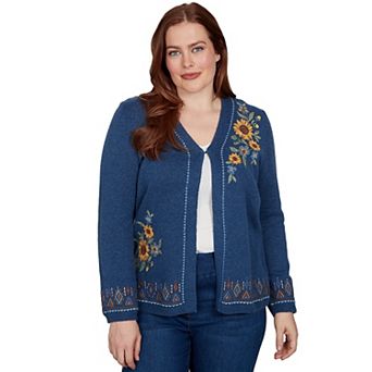 Petite Alfred Dunner Sunflower Embroidered Open Cardigan Sweater