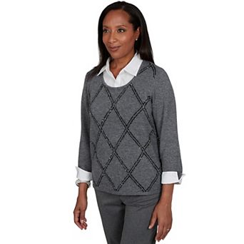 Petite Alfred Dunner Diamond Sparkle Two-in-One Collared Sweater
