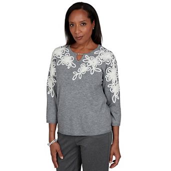 Petite Alfred Dunner Floral Soutache Split Neck Sweater