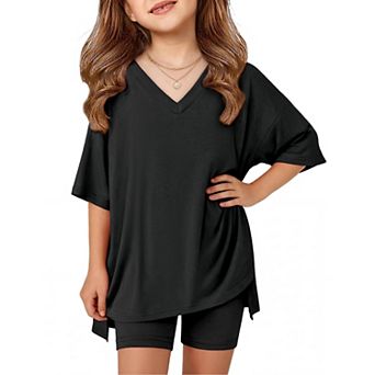 Arshiner Girls Piece Summer Sets Oversized V Neck Shirts Tops Biker Shorts Set Workout Tracksuit