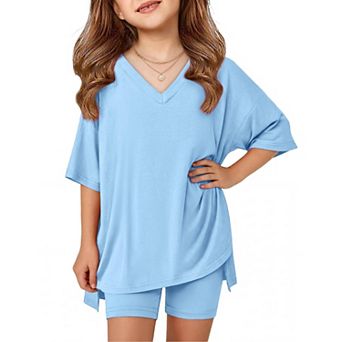 Arshiner Girls Piece Summer Sets Oversized V Neck Shirts Tops Biker Shorts Set Workout Tracksuit