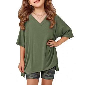 Arshiner Girls Piece Summer Sets Oversized V Neck Shirts Tops Biker Shorts Set Workout Tracksuit