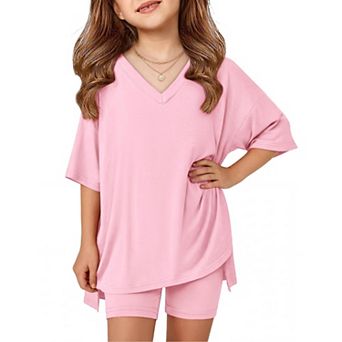 Arshiner Girls Piece Summer Sets Oversized V Neck Shirts Tops Biker Shorts Set Workout Tracksuit