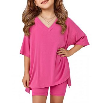 Arshiner Girls Piece Summer Sets Oversized V Neck Shirts Tops Biker Shorts Set Workout Tracksuit