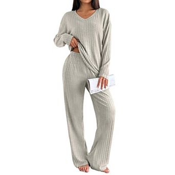 Ekouaer Lounge Sets for Womens Long Sleeve Knit Ribbed Pajama Sets Two Piece Loungewear