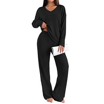 Ekouaer Lounge Sets for Womens Long Sleeve Knit Ribbed Pajama Sets Two Piece Loungewear