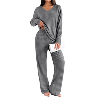 Ekouaer Lounge Sets for Womens Long Sleeve Knit Ribbed Pajama Sets Two Piece Loungewear