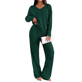 Ekouaer Lounge Sets for Womens Long Sleeve Knit Ribbed Pajama Sets Two Piece Loungewear