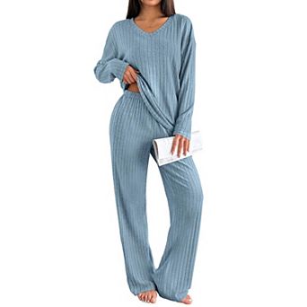 Ekouaer Lounge Sets for Womens Long Sleeve Knit Ribbed Pajama Sets Two Piece Loungewear
