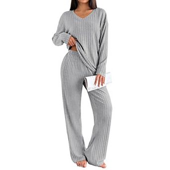 Ekouaer Lounge Sets for Womens Long Sleeve Knit Ribbed Pajama Sets Two Piece Loungewear
