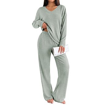 Ekouaer Lounge Sets for Womens Long Sleeve Knit Ribbed Pajama Sets Two Piece Loungewear
