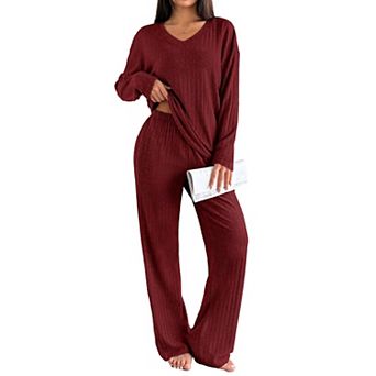 Ekouaer Lounge Sets for Womens Long Sleeve Knit Ribbed Pajama Sets Two Piece Loungewear
