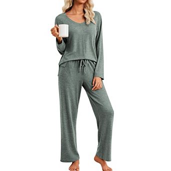 Ekouaer Pajamas Set Long Sleeve Two Piece Lounge Sets V Neck Matching Pajamas Sleepwear Fall Winter