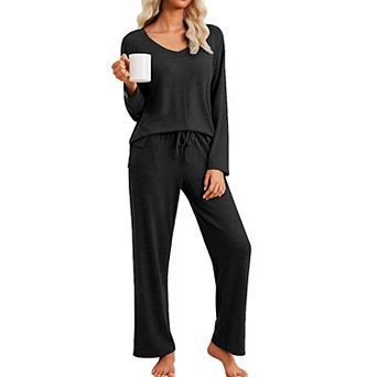 Ekouaer Pajamas Set Long Sleeve Two Piece Lounge Sets V Neck Matching Pajamas Sleepwear Fall Winter