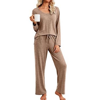 Ekouaer Pajamas Set Long Sleeve Two Piece Lounge Sets V Neck Matching Pajamas Sleepwear Fall Winter