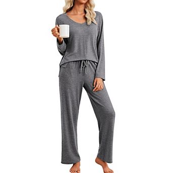 Ekouaer Pajamas Set Long Sleeve Two Piece Lounge Sets V Neck Matching Pajamas Sleepwear Fall Winter