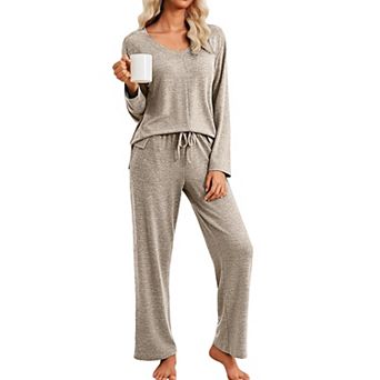 Ekouaer Pajamas Set Long Sleeve Two Piece Lounge Sets V Neck Matching Pajamas Sleepwear Fall Winter