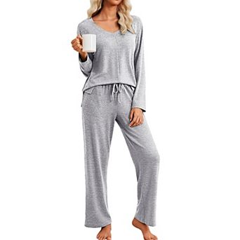 Ekouaer Pajamas Set Long Sleeve Two Piece Lounge Sets V Neck Matching Pajamas Sleepwear Fall Winter